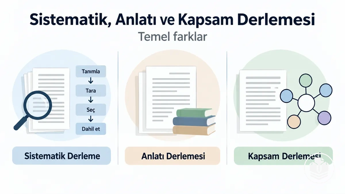 Sistematik, anlatı ve kapsam derlemesi yaklaşımlarının karşılaştırması.