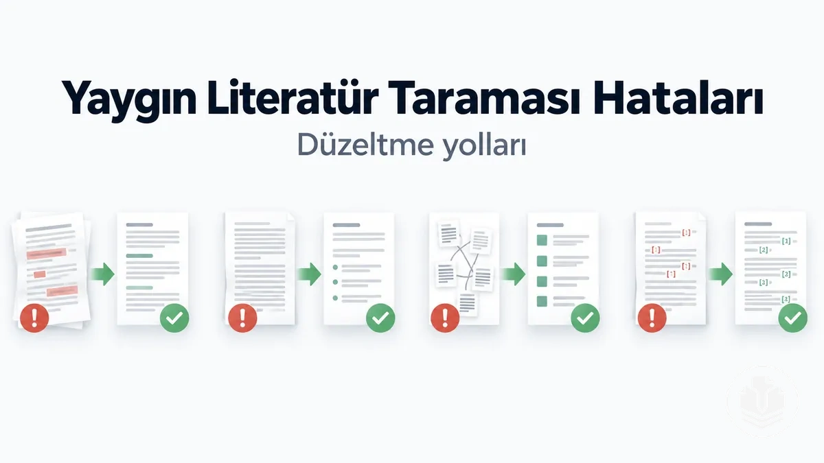 Yaygın literatür taraması hataları ve bunlara karşılık gelen düzeltme yolları.